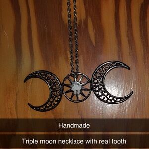 Black Triple Moon Necklace with Real Tooth